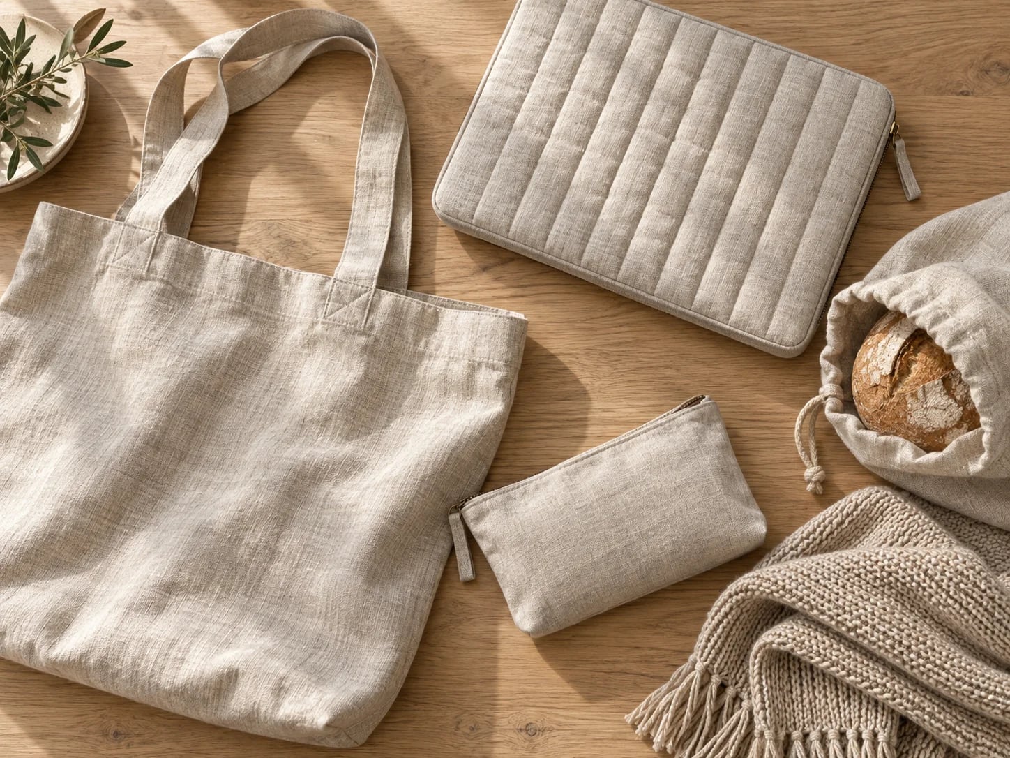 Tote, quilted sleeve, pouch, bread bag and folded scarf on oak