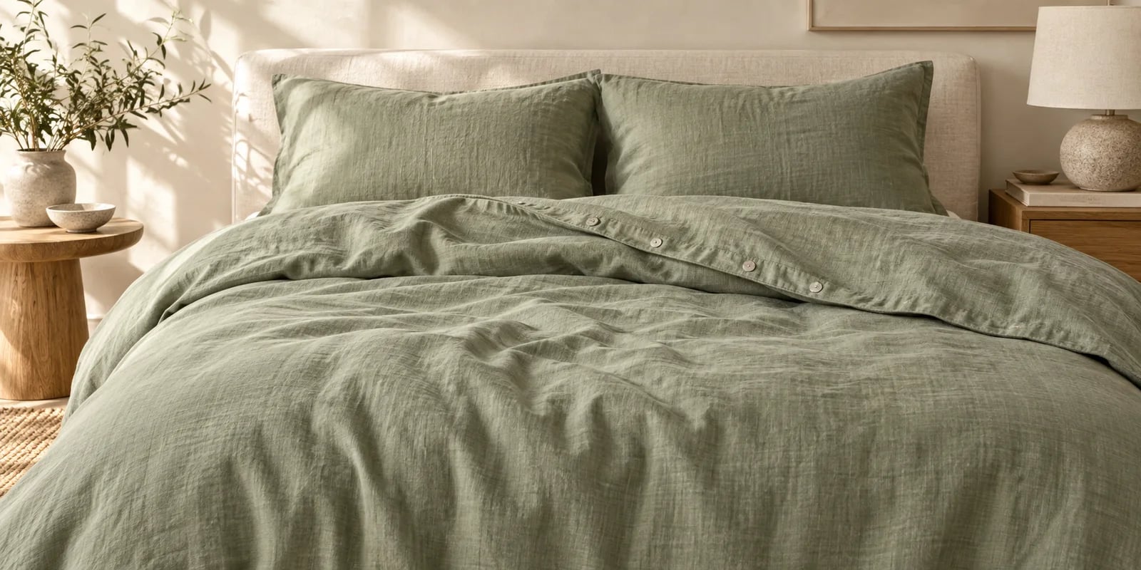 Sage duvet cover with a button placket and two matching pillowcases