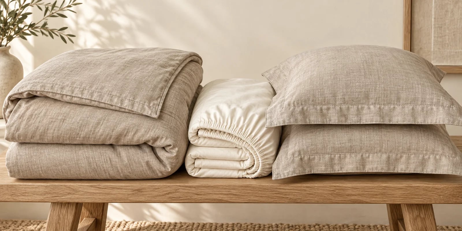 Folded duvet cover, elasticated fitted sheet and two shams on an oak bench