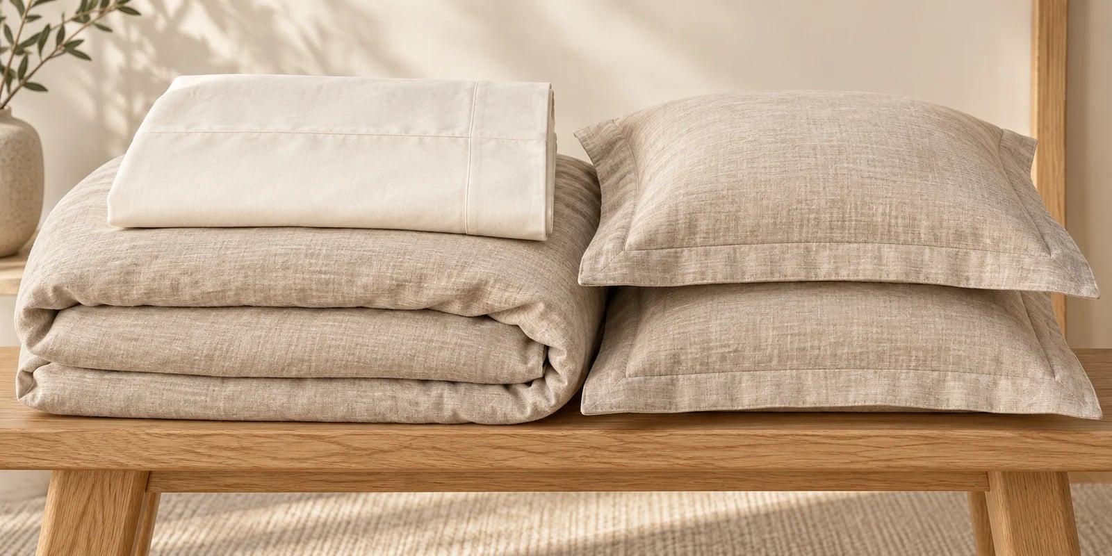 Folded duvet cover, flat sheet with a broad hem and two shams on an oak bench
