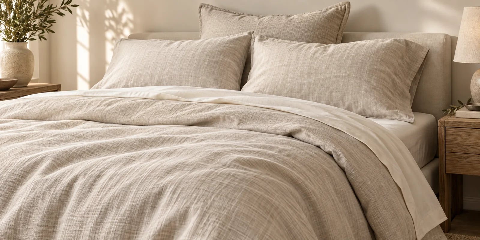 Stone-coloured duvet cover with layered sheets, two pillowcases and a larger sham
