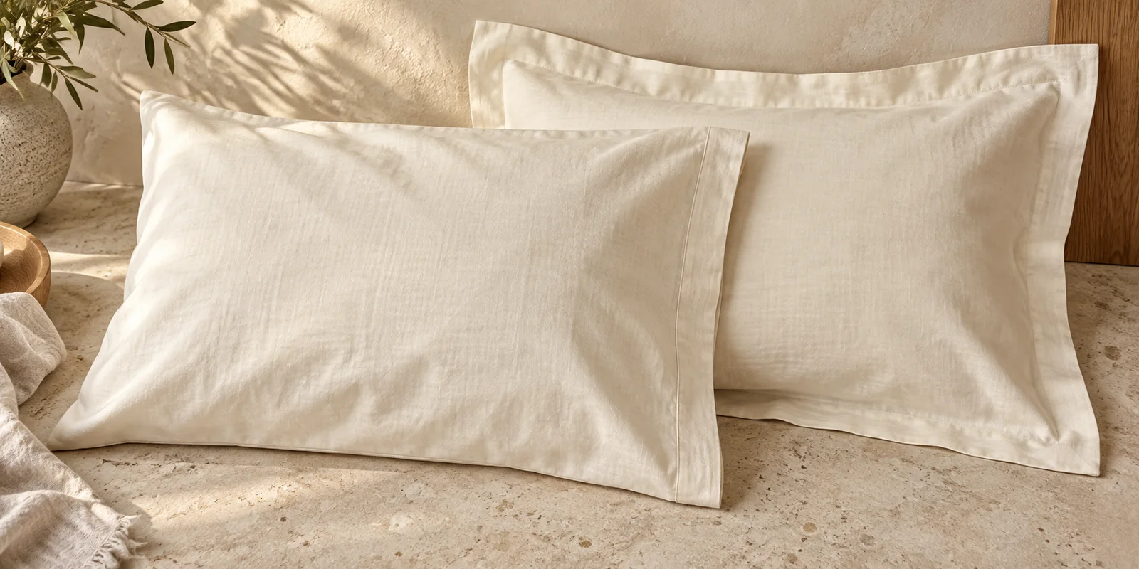 Two ivory pillowcases showing plain and flanged borders on a stone surface