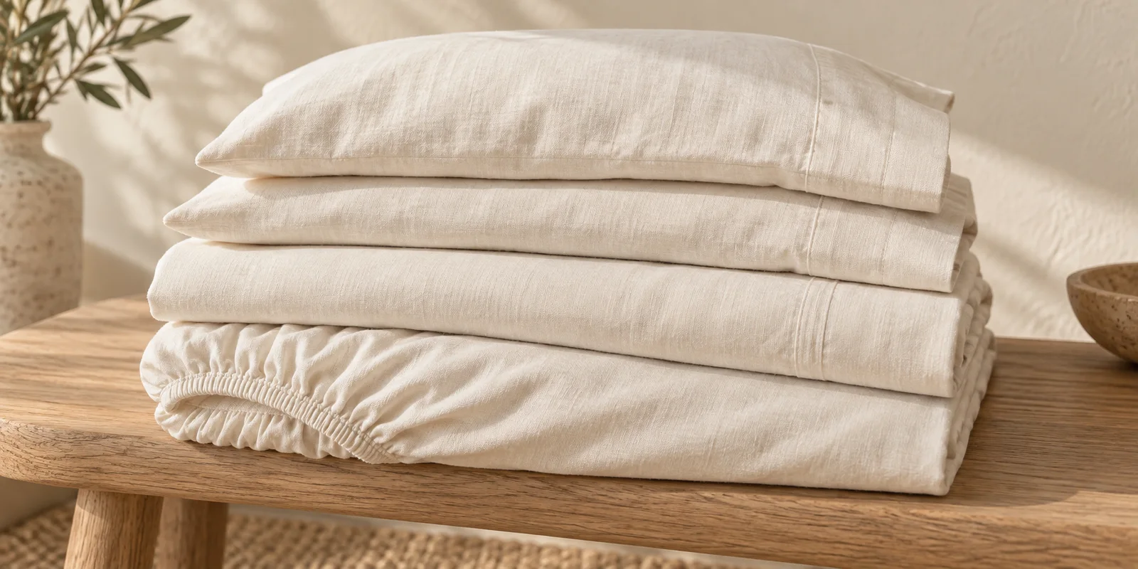 Folded ivory sheets and two pillowcases on an oak bench