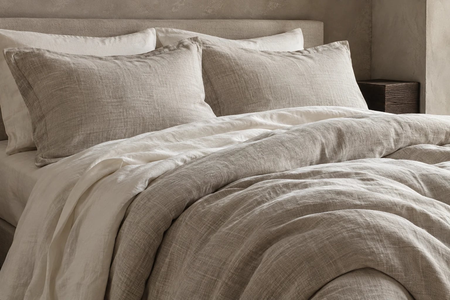 Layered bed with linen duvet cover and shams in natural tones