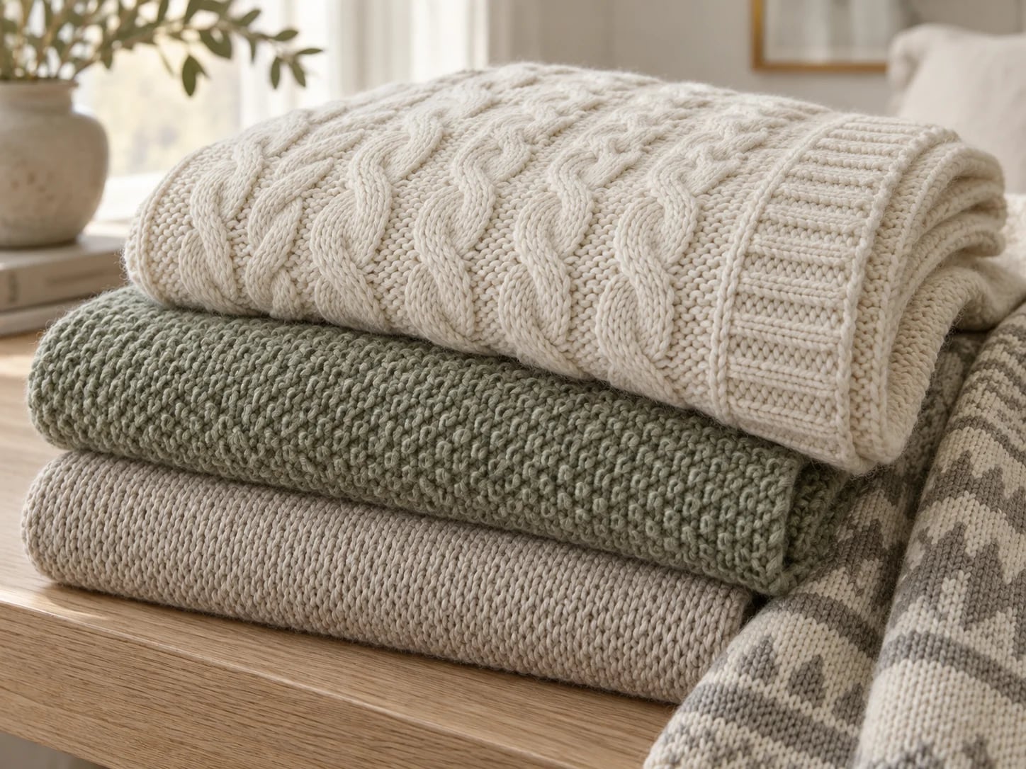 Folded ivory, sage and oatmeal throws with cable and textured stitches
