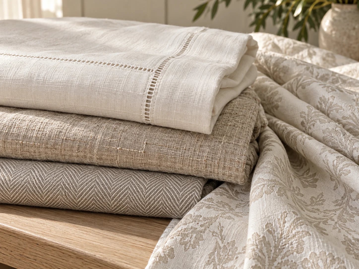 Folded hemstitched, herringbone and patterned woven fabrics