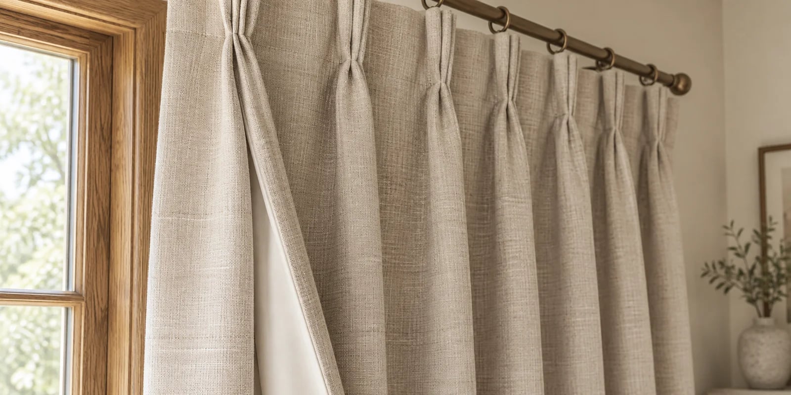Oatmeal pleated curtains with ivory lining beside an oak-framed window
