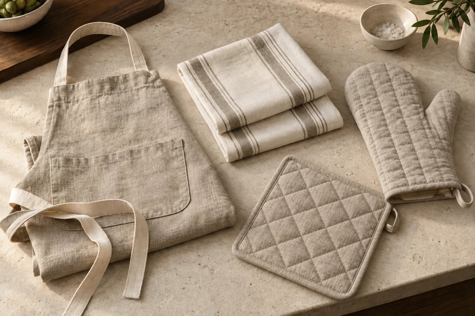 Linen apron, striped tea towels, quilted oven mitt and pot holder on limestone