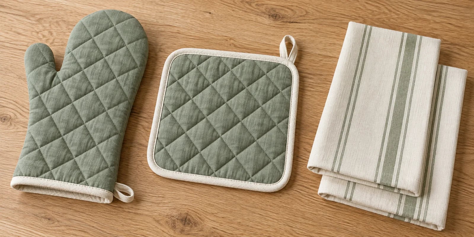 Sage quilted oven mitt and pot holder beside striped tea towels