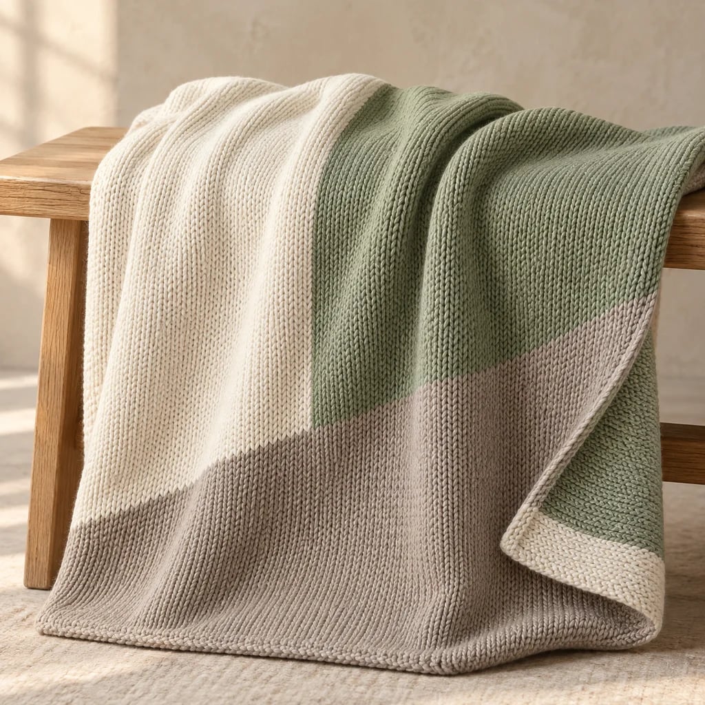 Ivory, sage and stone intarsia knitted throw with large colour blocks