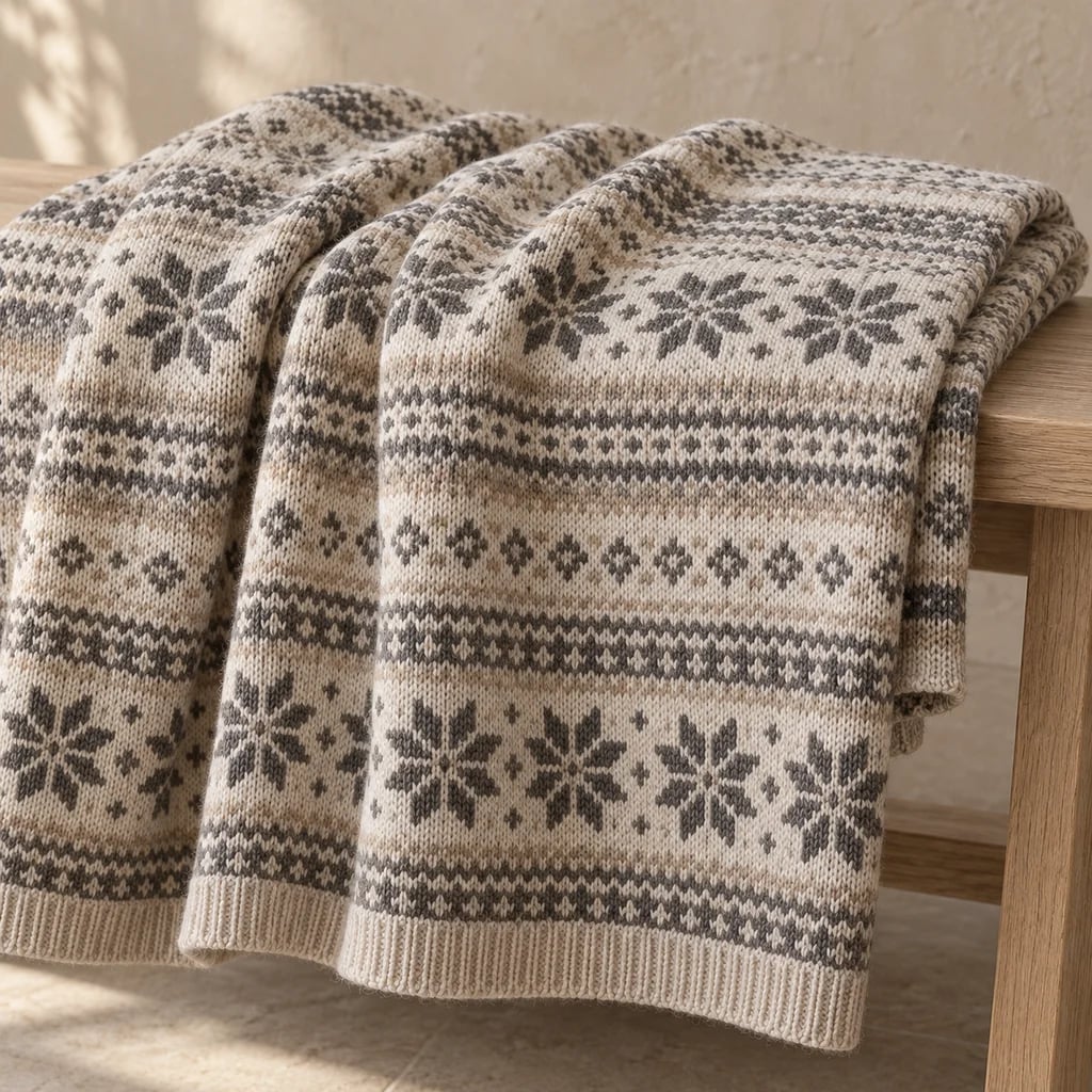 Oatmeal and charcoal Fair Isle knitted throw with repeating snowflake motifs
