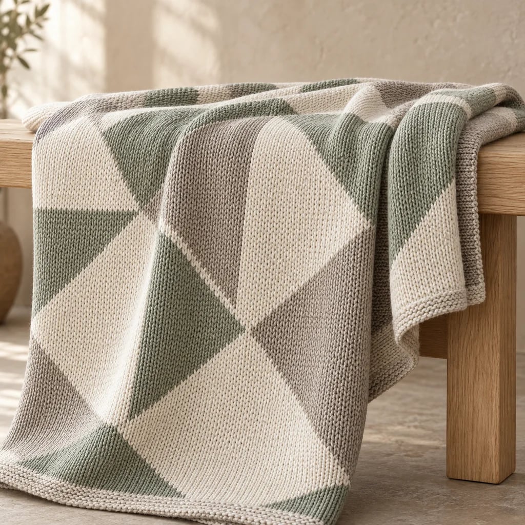 Ivory, sage and stone knitted throw with large geometric diamonds