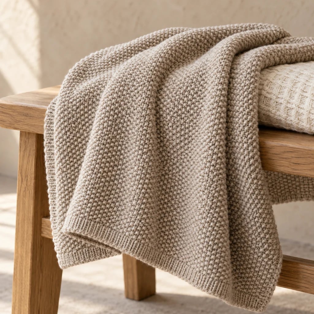 Oatmeal moss-stitch throw showing its pebbled knit texture
