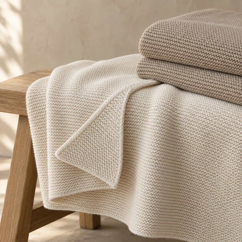 Solid ivory and stone reversible knitted throws with a turned edge