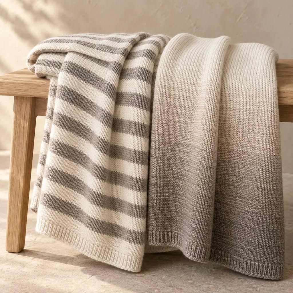 Striped and graduated neutral ombré knitted throws on an oak bench