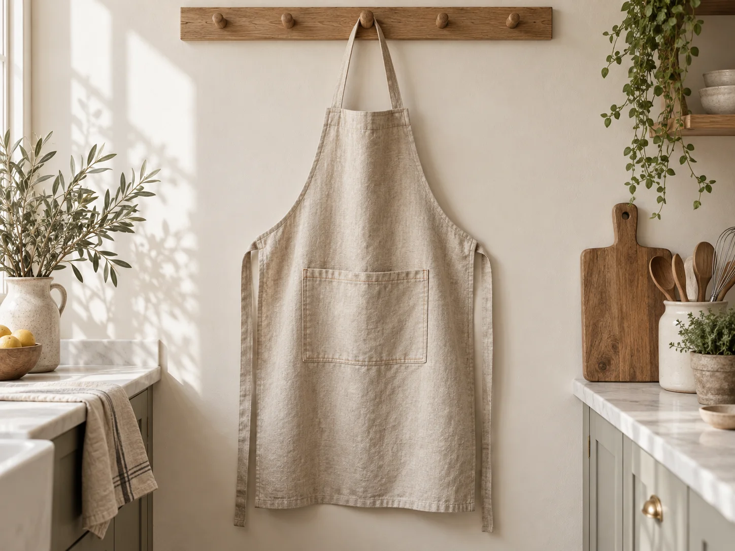 Natural-coloured apron with long ties and a front pocket