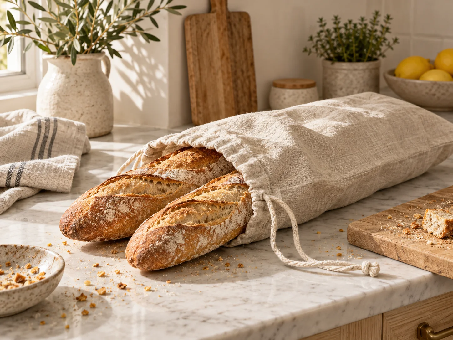 Fabric bread bag holding two baguettes