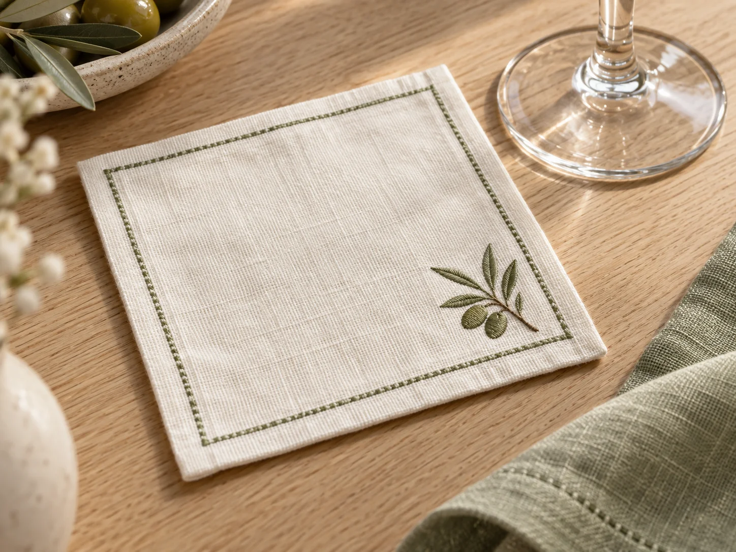 Ivory cocktail napkin with a sage border and embroidered olive sprig