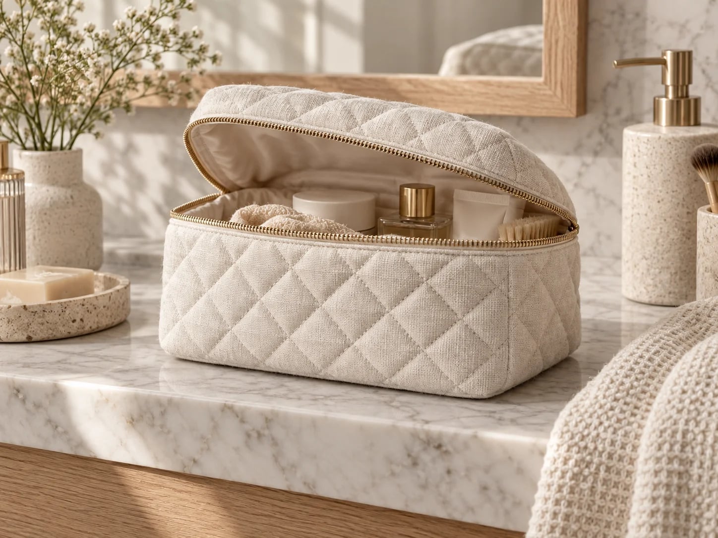 Ivory quilted cosmetic case with its lining visible