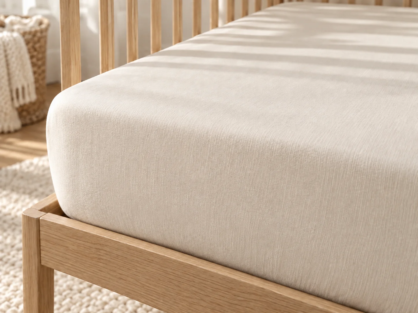 Ivory fitted sheet snugly covering a cot mattress