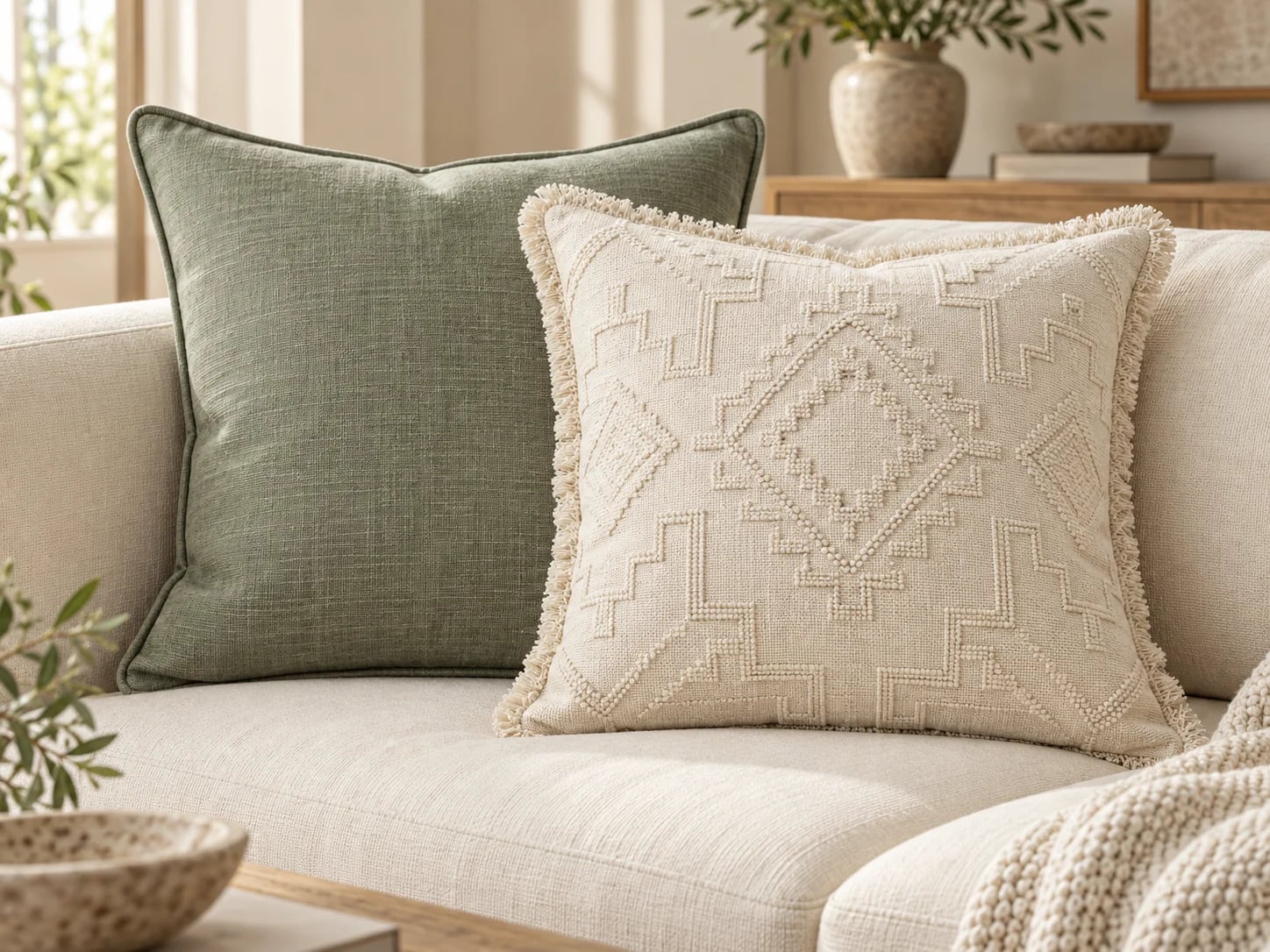 Sage piped cushion and ivory embroidered cushion with fringed edges