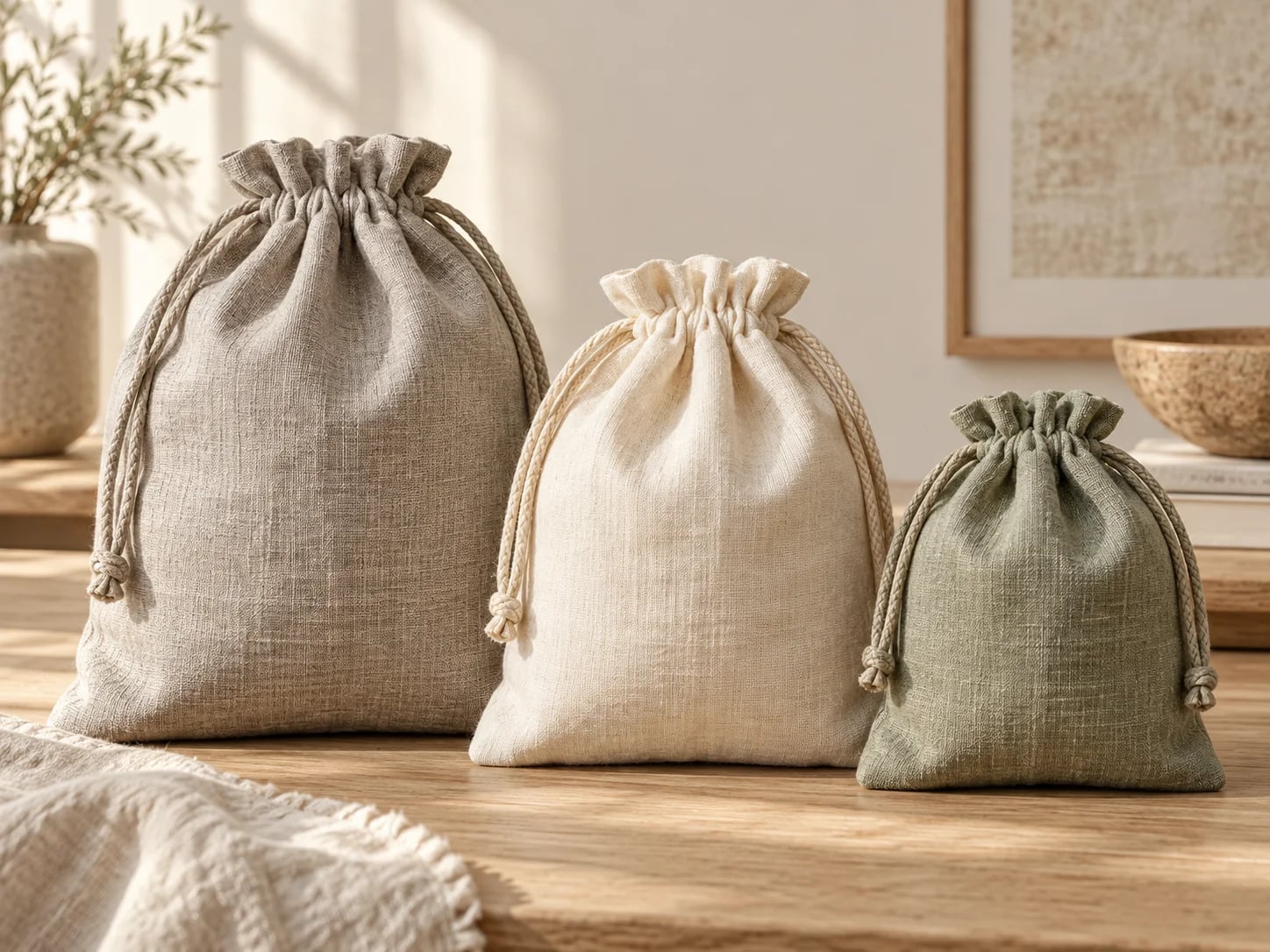 Stone, ivory and sage drawstring bags