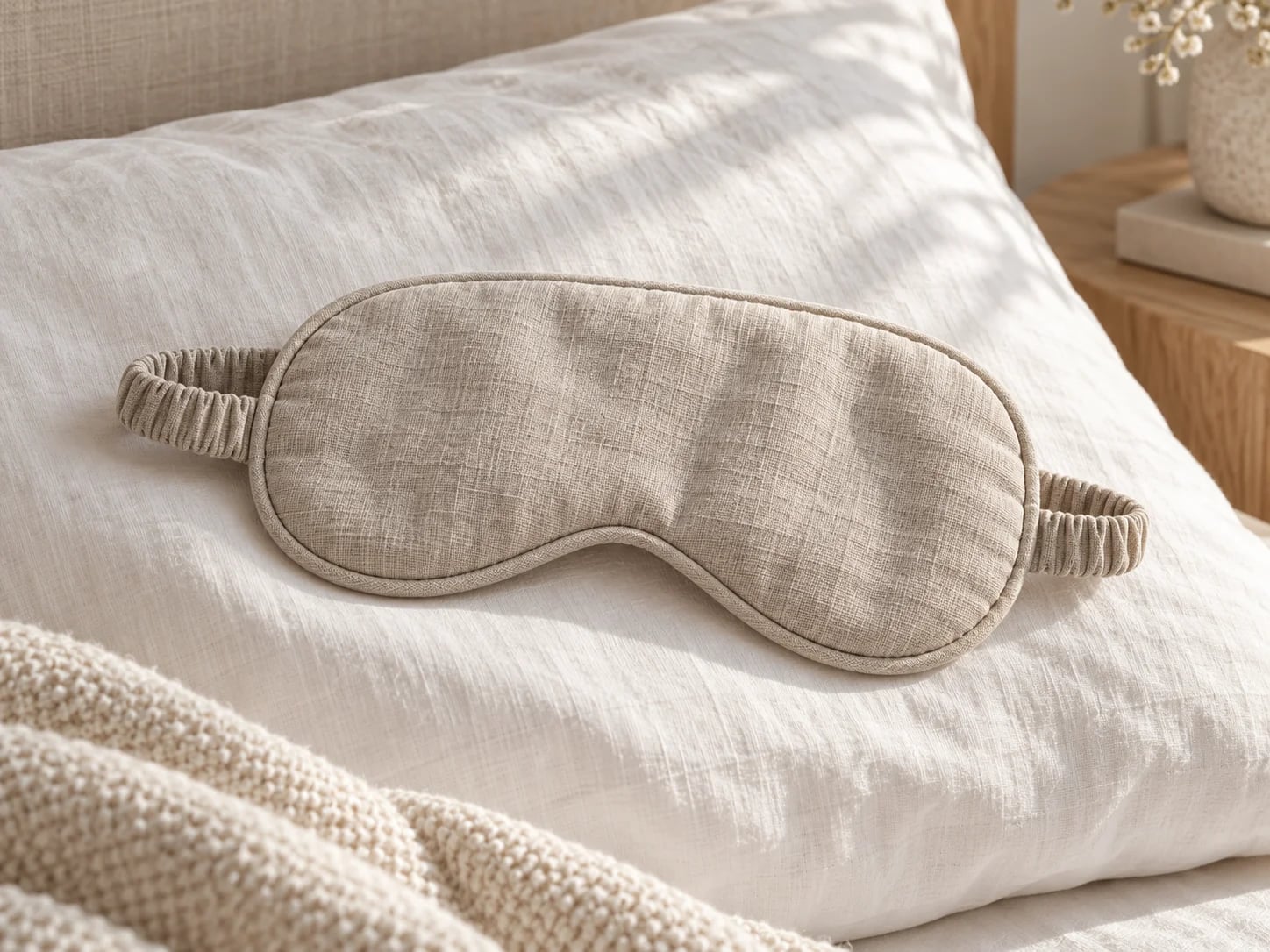 Stone eye mask with a piped edge and gathered strap