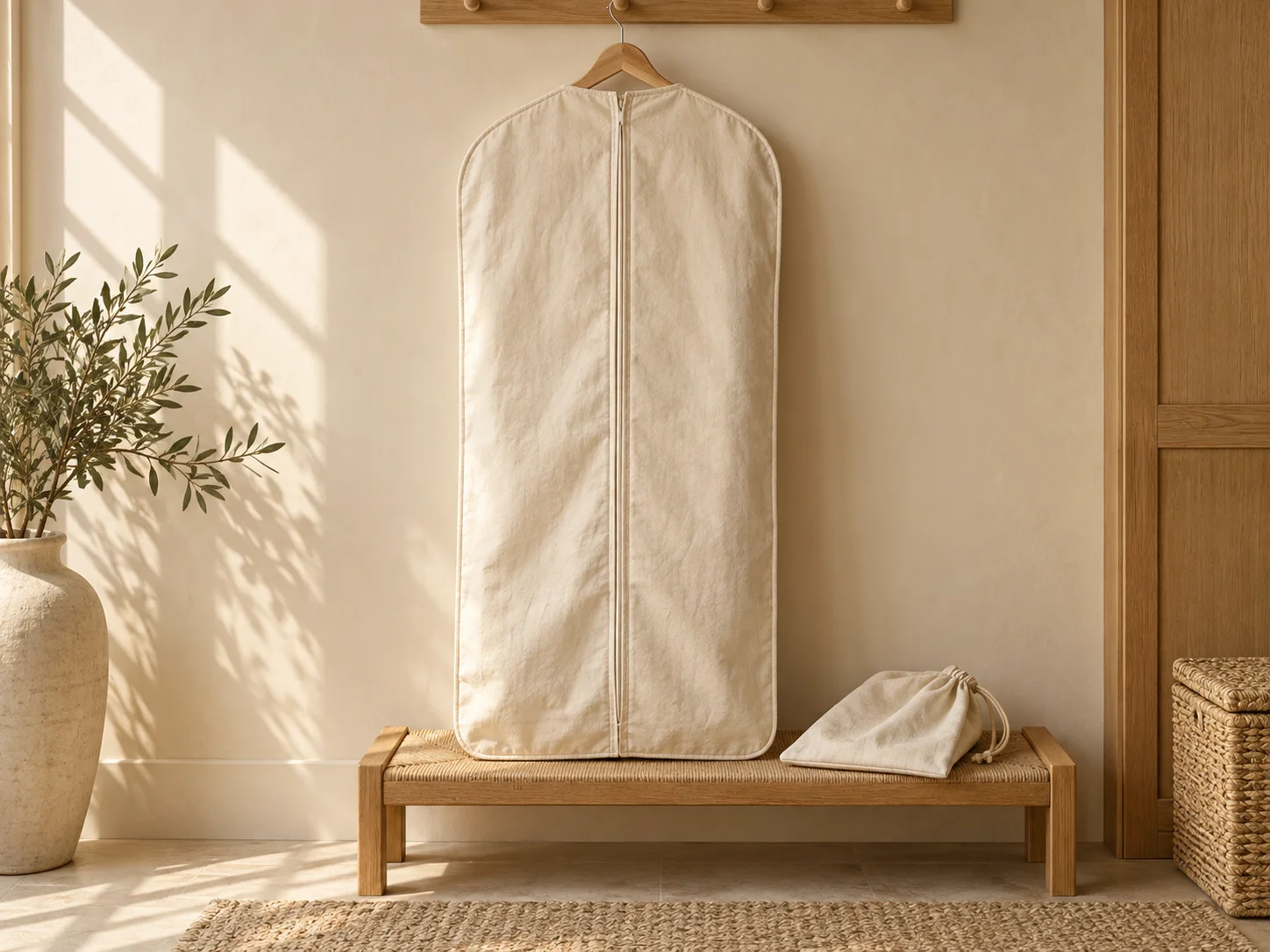 Cream garment cover and folded dust bag