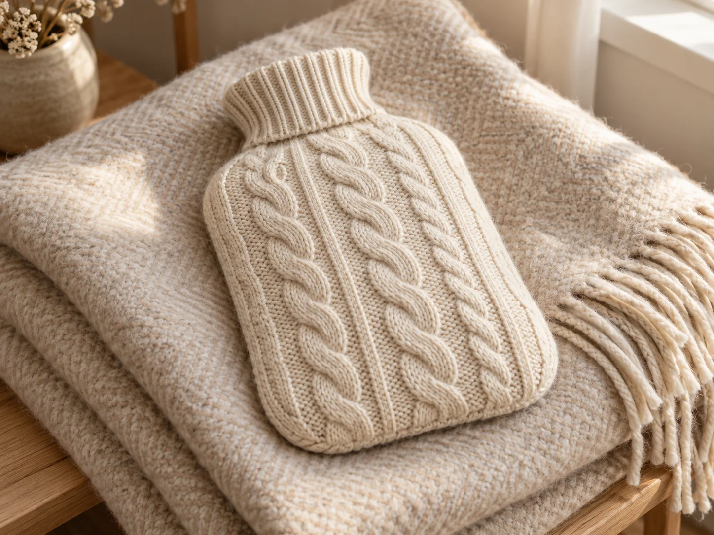 Cream cable-pattern hot water bottle cover