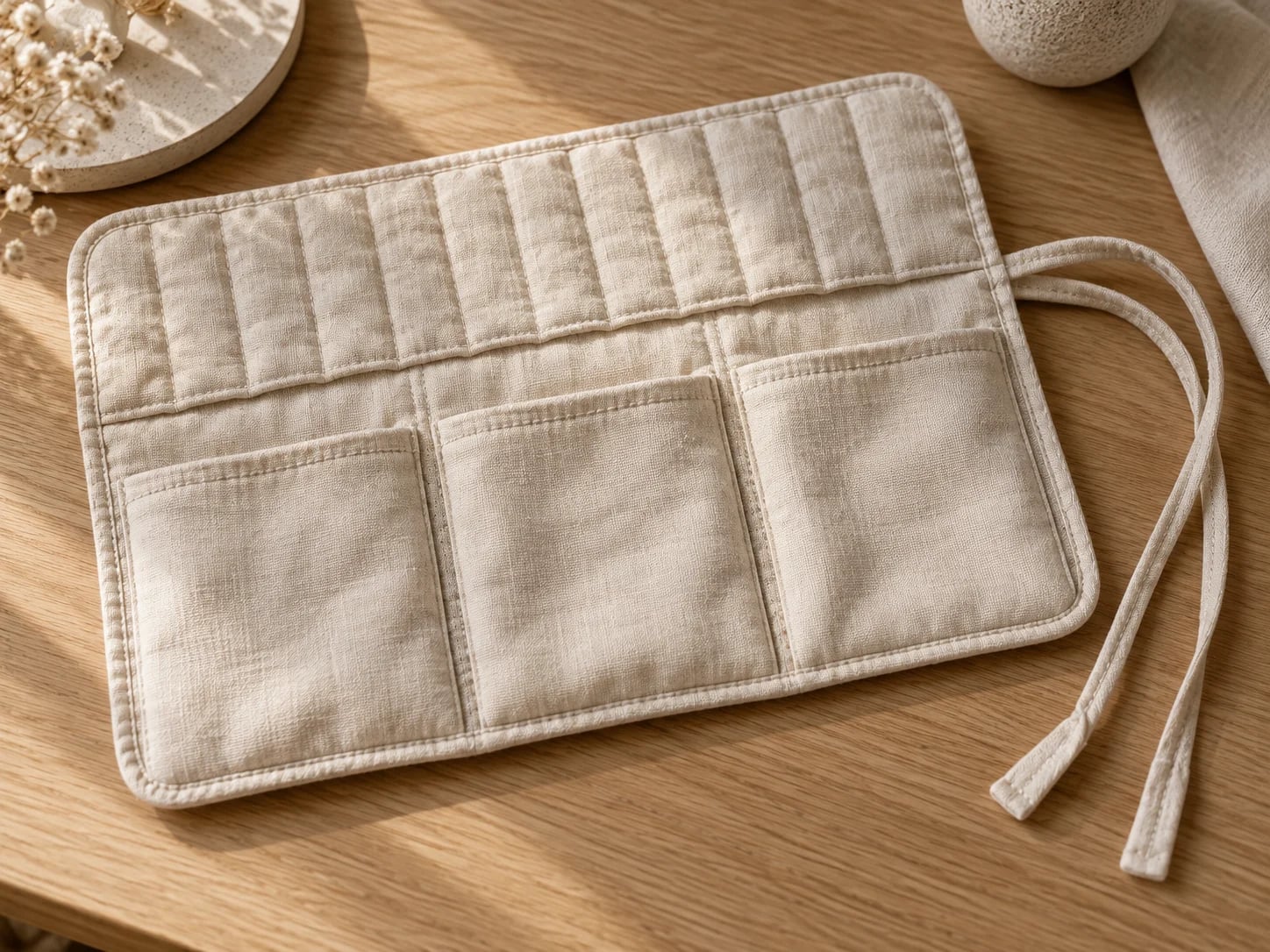 Open jewellery roll with three pockets