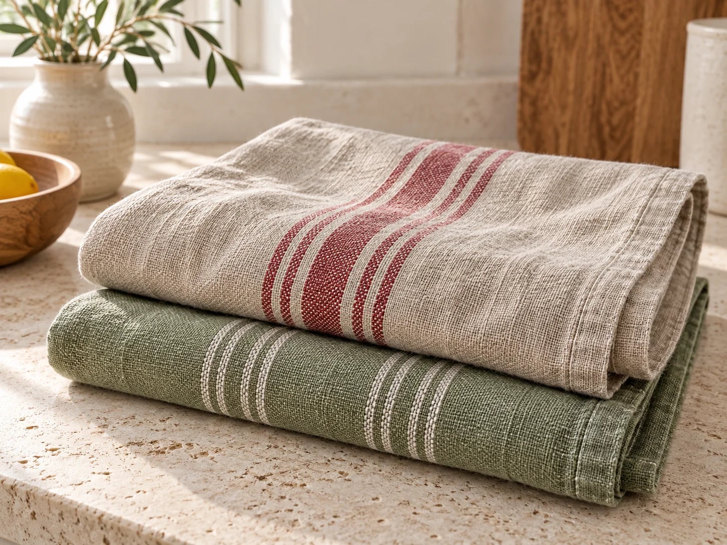 Two folded tea towels with red and sage stripes