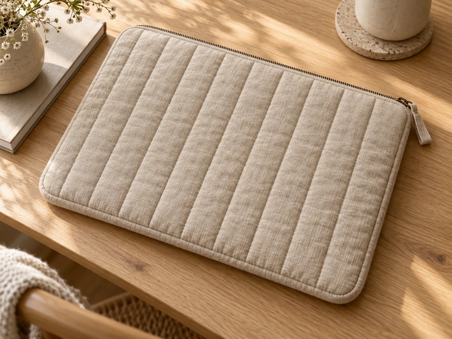 Oatmeal quilted laptop sleeve on oak