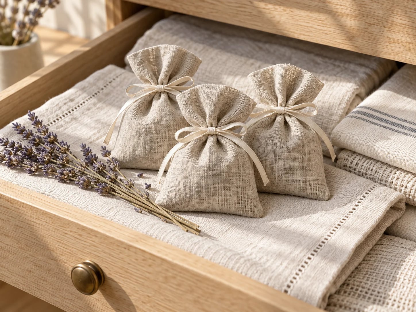 Three ribbon-tied sachets beside dried lavender