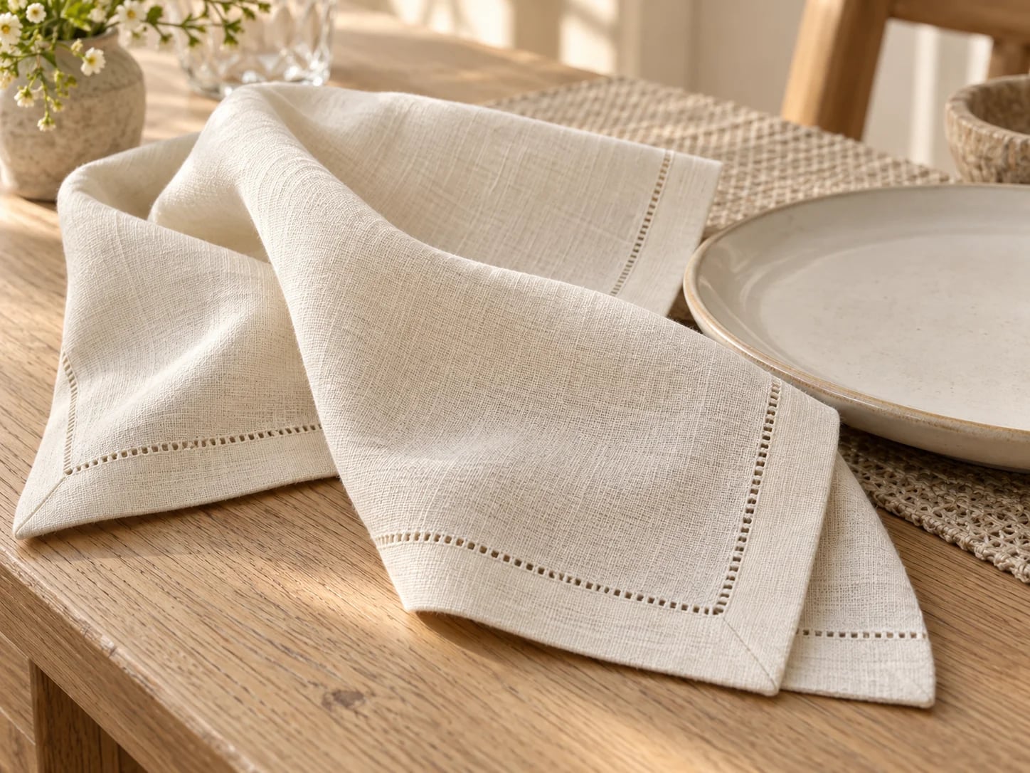 Ivory dinner napkin with a hemstitched border