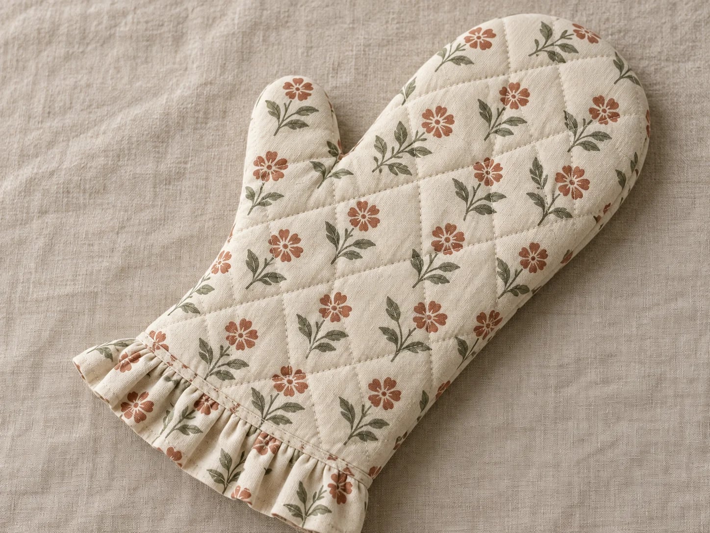 Floral quilted oven mitt with a ruffled cuff