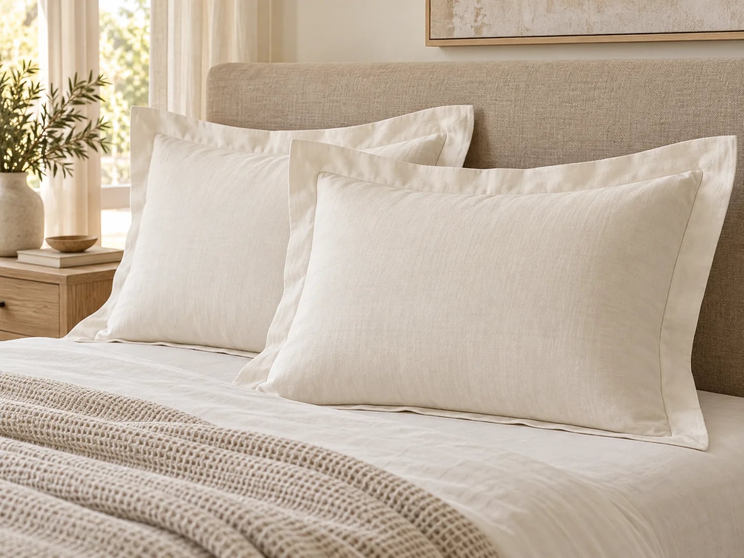 Ivory pillow shams with broad tailored flanges