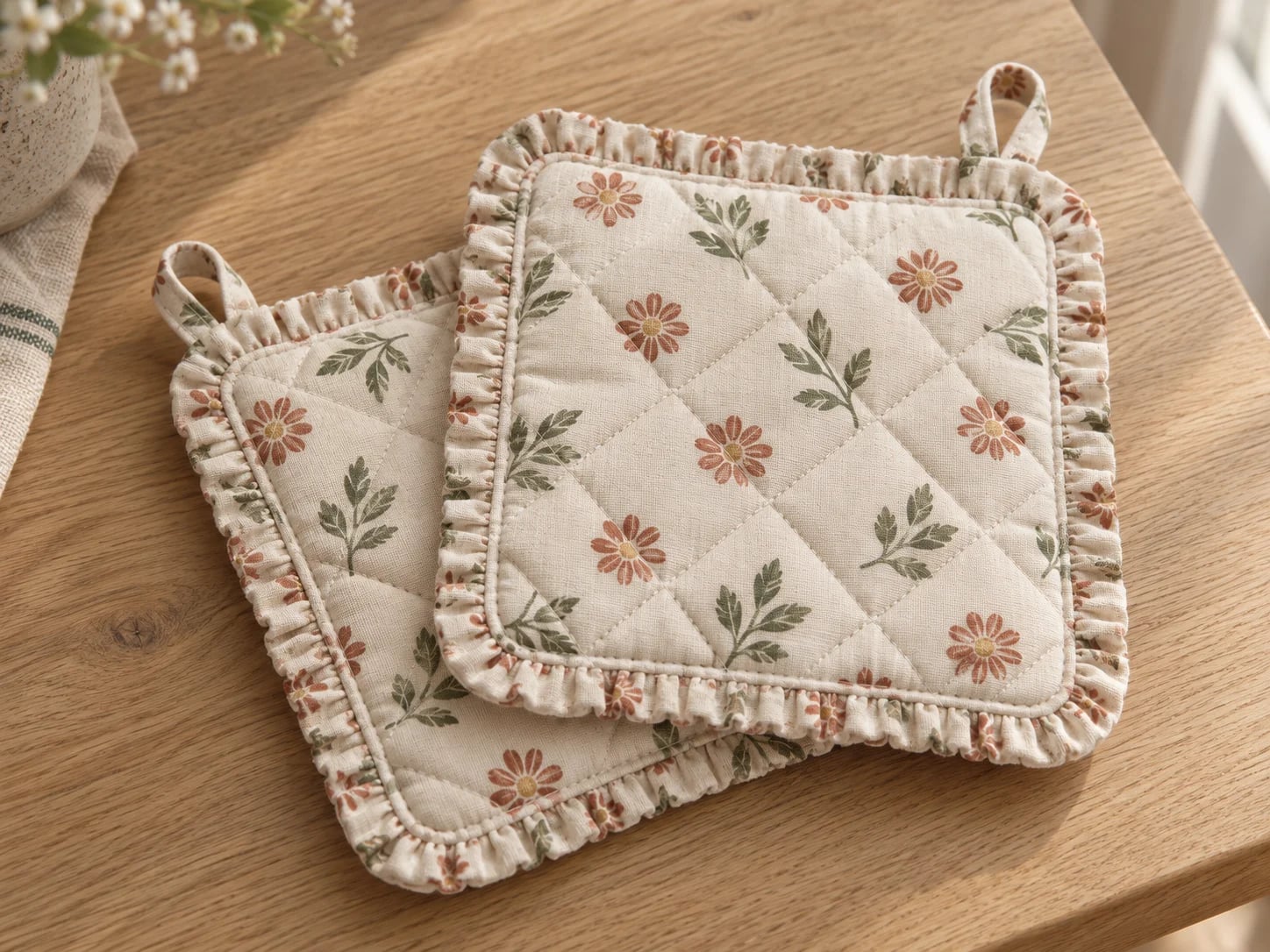Two floral quilted pot holders with ruffled edges