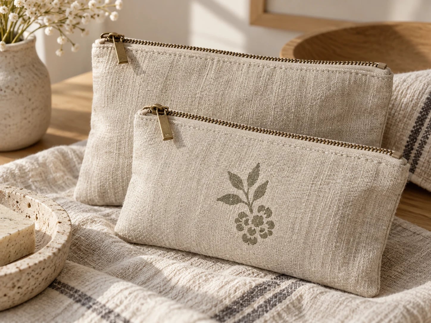 Plain and botanical printed pouches on a tabletop