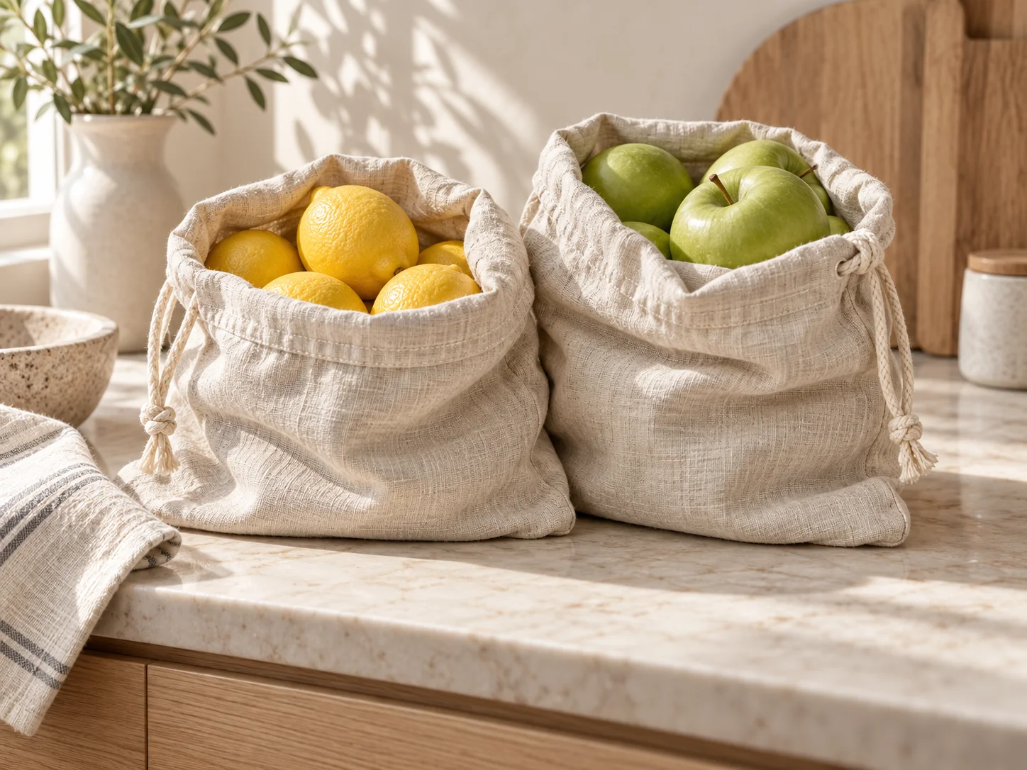 Two fabric produce bags holding lemons and green apples