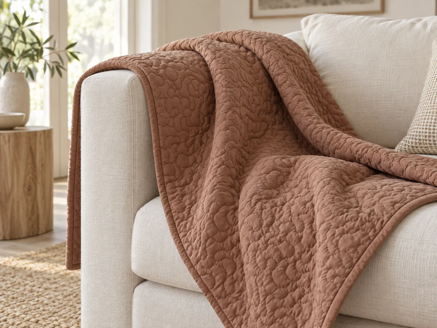 Clay-coloured quilted throw with vermicelli stitching