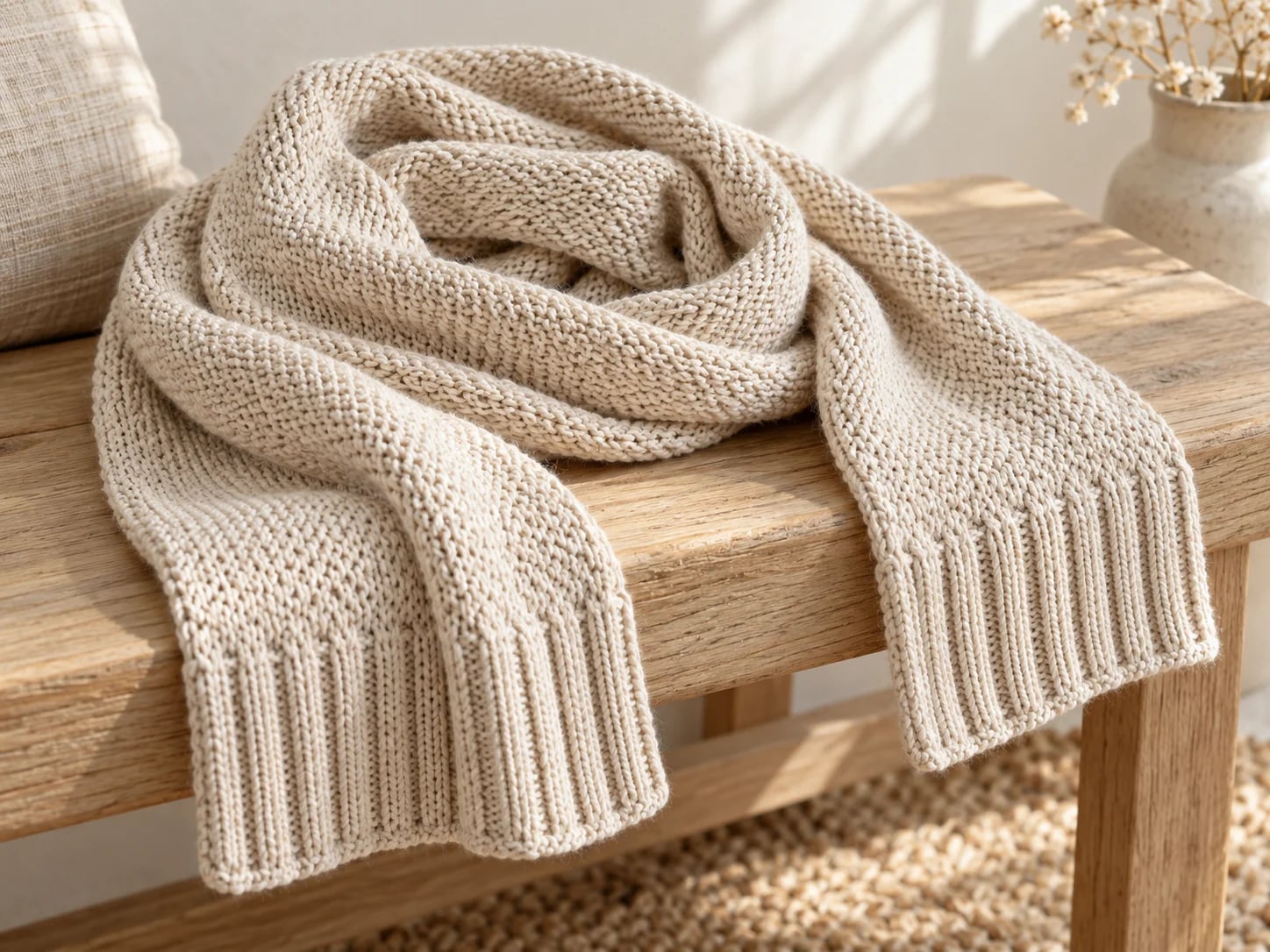 Oatmeal scarf with ribbed ends