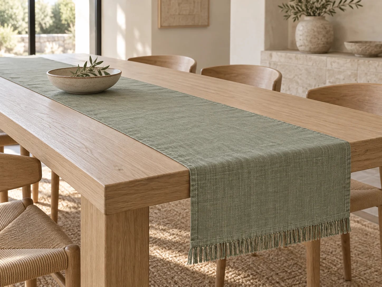 Sage table runner with a fringed end on an oak table