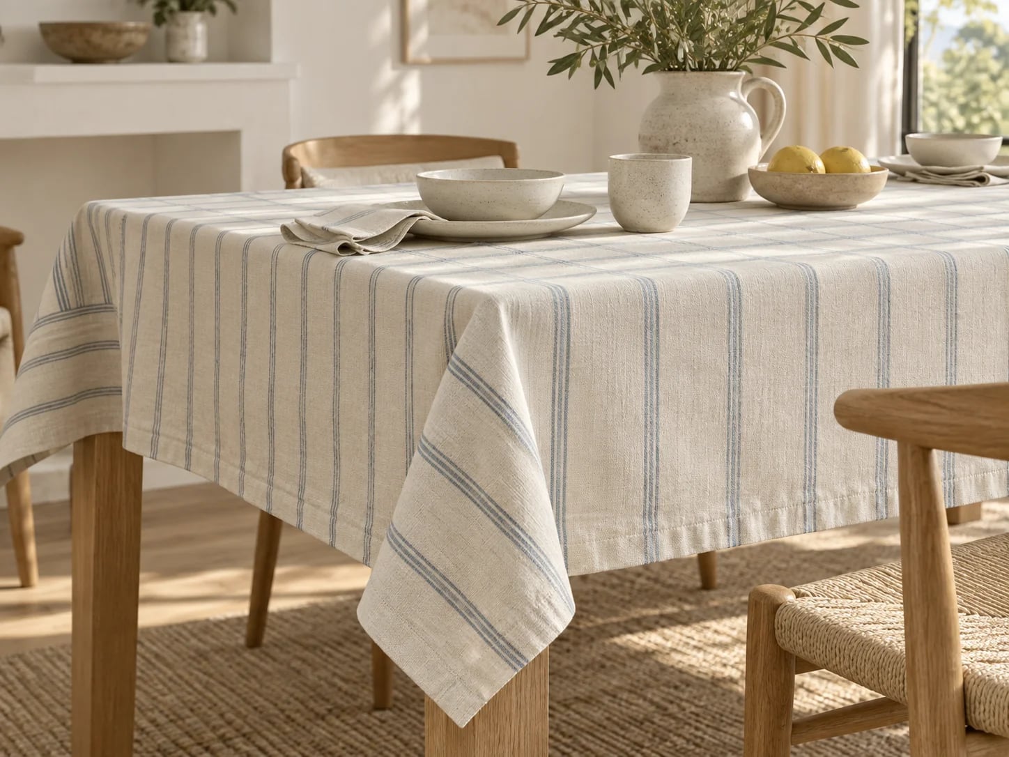 Ivory striped tablecloth with a naturally draped hem