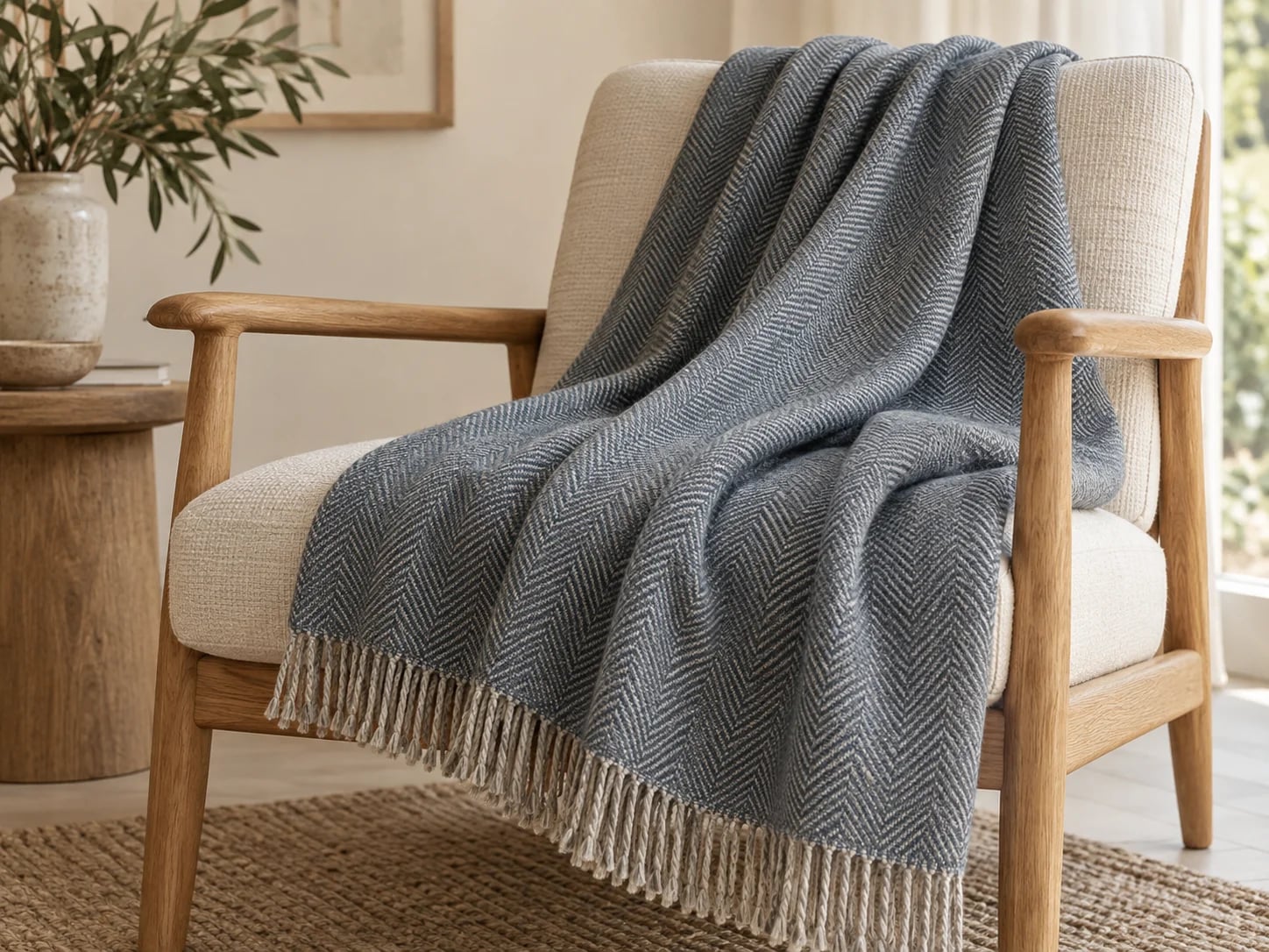 Blue-grey herringbone throw with twisted fringe