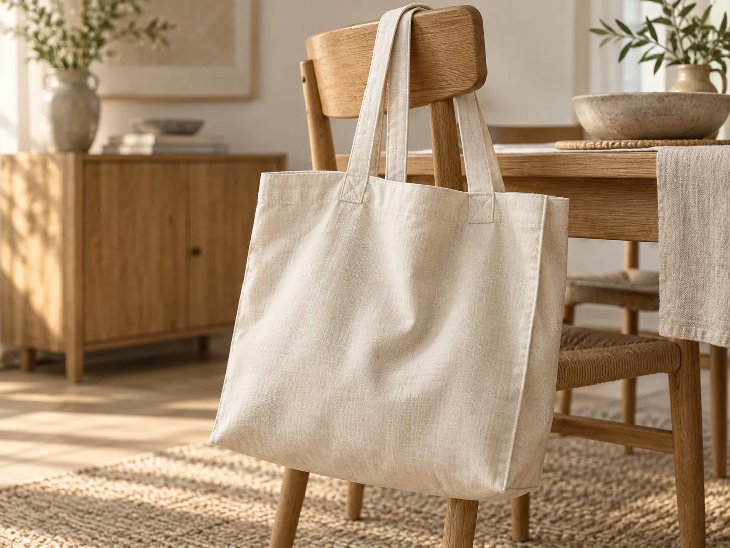 Ivory tote hanging from a wooden chair