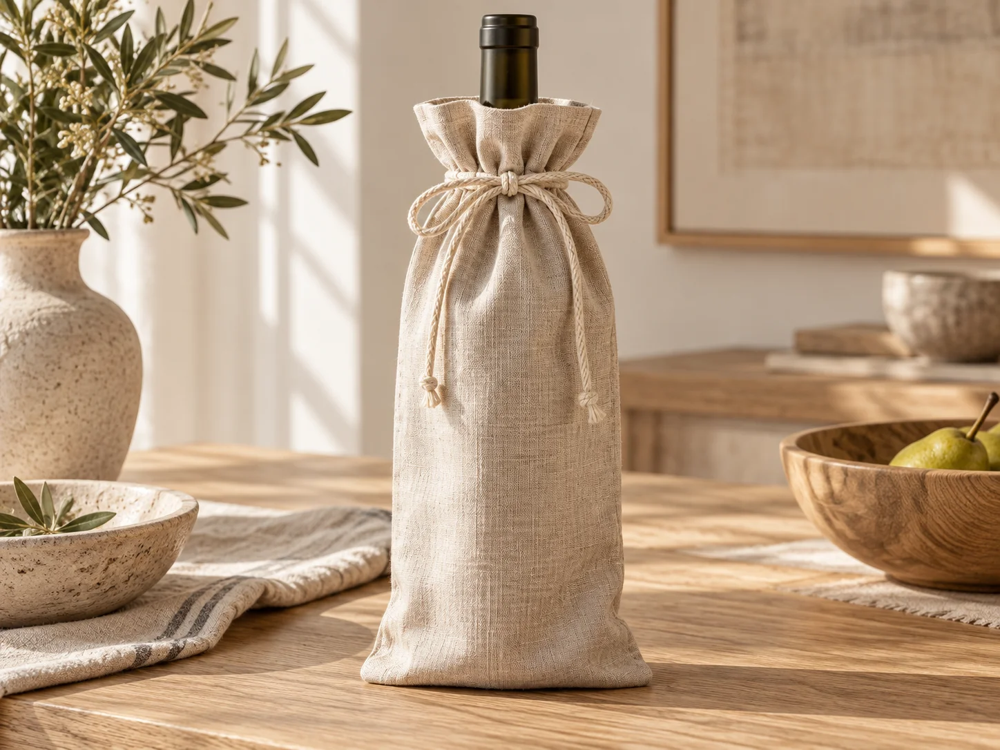 Natural-coloured fabric gift bag around a bottle