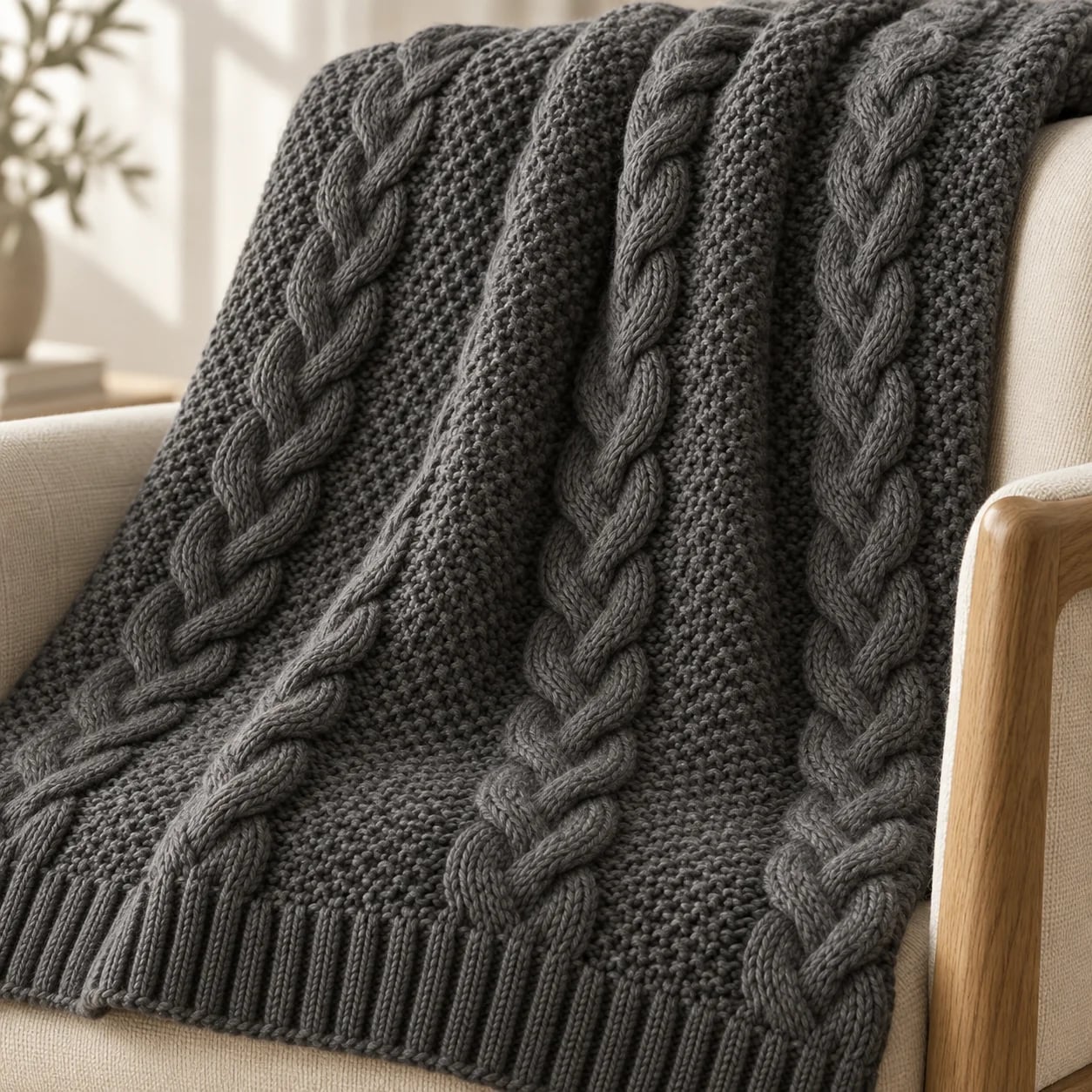 Charcoal cable knit throw draped over a chair, showing the raised cable columns