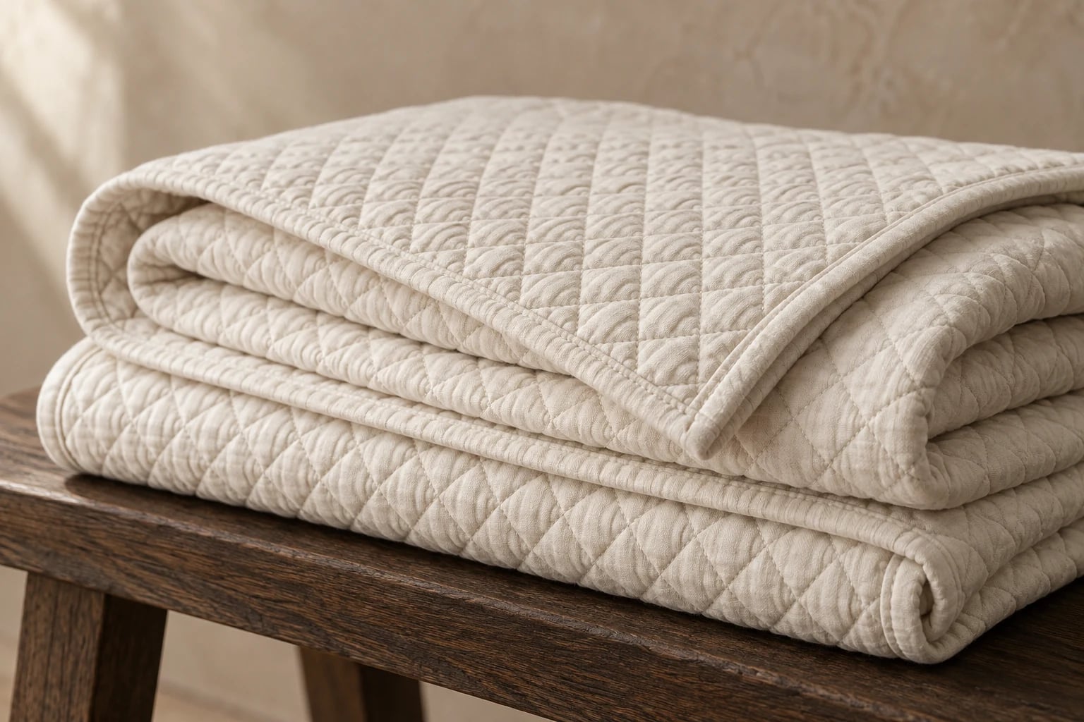 Ivory diamond-quilted coverlet folded on a dark oak bench