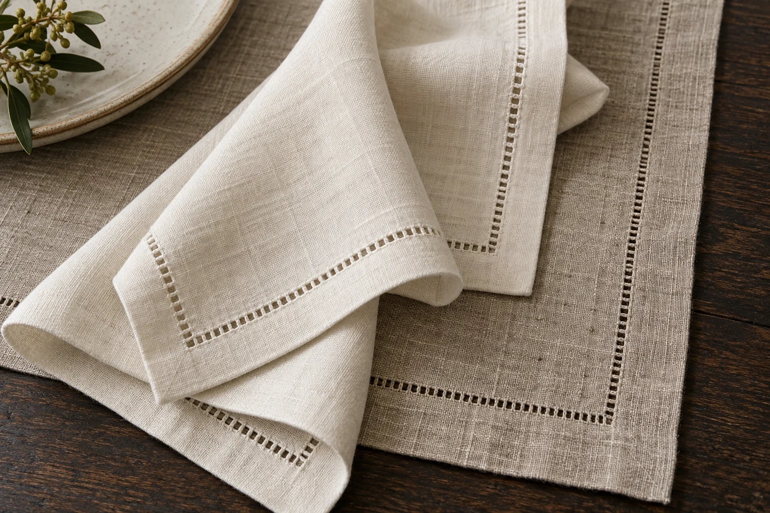 Ivory hemstitched napkin on a natural flax runner, with dark oak beneath