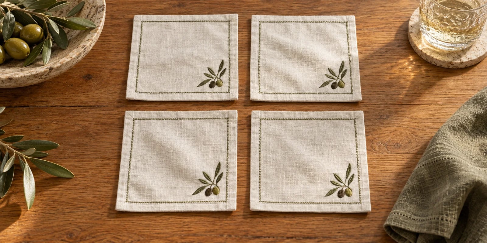 Four bordered cocktail napkins with embroidered corners